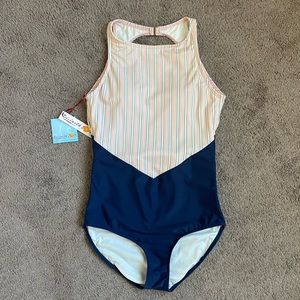 DM Fashion Swimsuit High Neck Contrast Back One Piece - Seashell Pink Stripes
